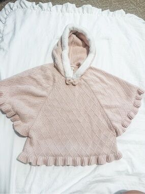 Cynthia Rowley Blush Pink Hooded Cable-Knit Poncho with Faux Fur Trim